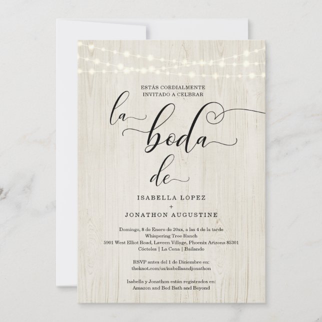 Rustic Spanish Wedding All in One w- RSVP Registry Invitation (Front)