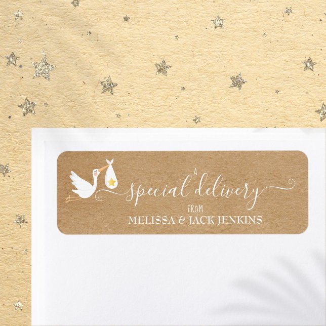 Rustic Special Delivery Baby Stork Adresse de reto (Rustic Special Delivery Baby Stork Return Address Label)
