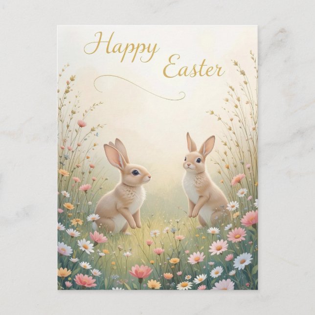 Rustic Spring Bunnies Happy Easter  Holiday Postcard (Front)