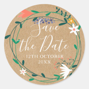 Rustic Spring Floral Garland Save the Date Classic Round Sticker