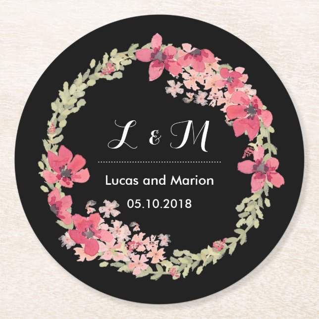 Rustic Spring Floral Wreath Monogram Wedding Party Round Paper Coaster (Front)