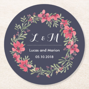 Rustic Spring Flower Wreath Monogram Wedding Party Round Paper Coaster