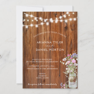Rustic Spring Flowers Mason Jar String Lights Invitation
