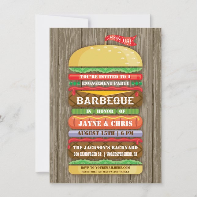Rustic Stacked Hamburger Engagement Party BBQ 2 Invitation (Front)