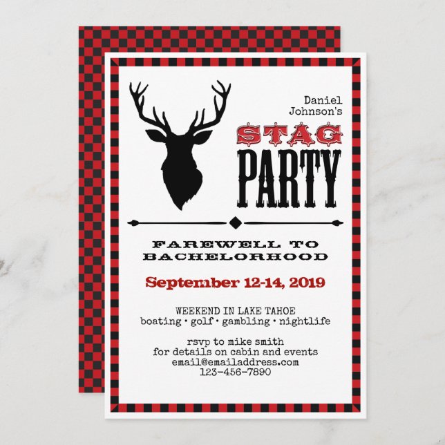 Rustic Stag Bachelor Party on White Invitation (Front/Back)