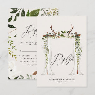 Rustic stag watercolor white floral wedding RSVP c Card