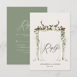 Rustic stag watercolor white floral wedding RSVP c Card