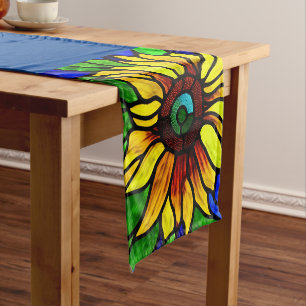 Rustic Stained Glass Look Country Sunflower Short Table Runner