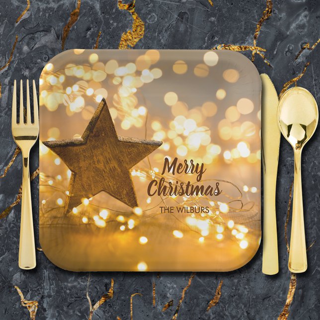 Rustic Star and Christmas Lights Paper Plate (Rustic Star and Christmas Lights Square Paper Plates - 7" or 9")