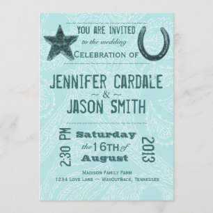 Rustic Star Horseshoe Blue Paisley Wedding Invites