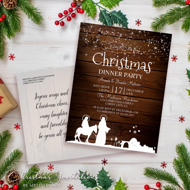 Rustic Star Lights Mary and Joseph Christmas Invitation Postcard (Creator Uploaded)