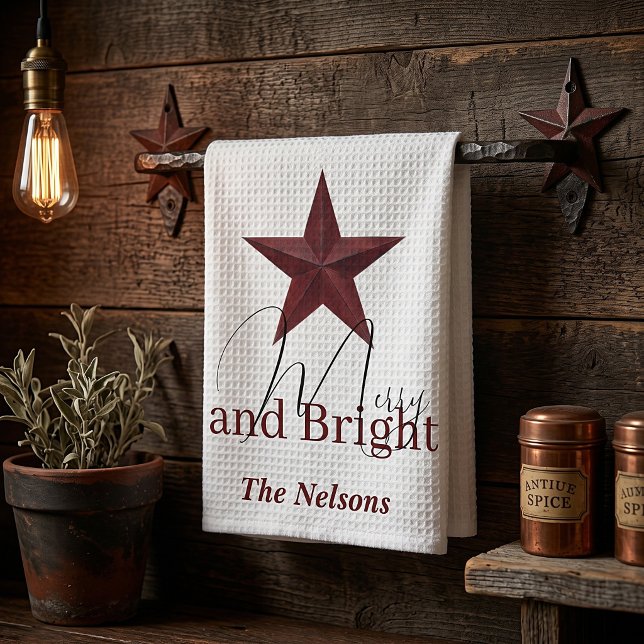 Rustic  star Merry & Bright personalized Kitchen Towel (Creator Uploaded)