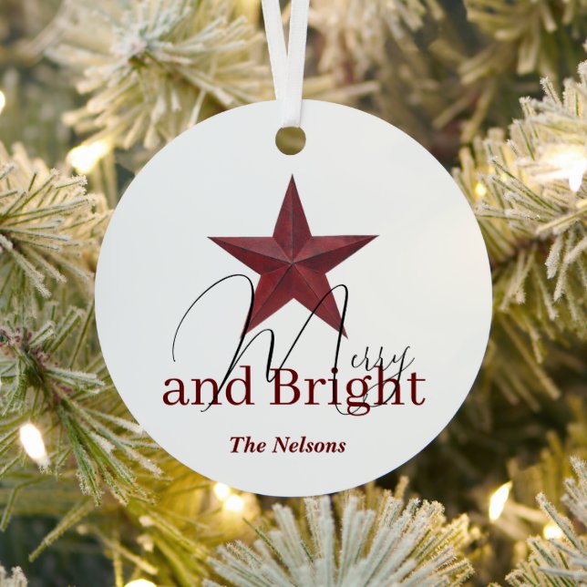 Rustic  star Merry & Bright personalized Metal Ornament (Insitu)