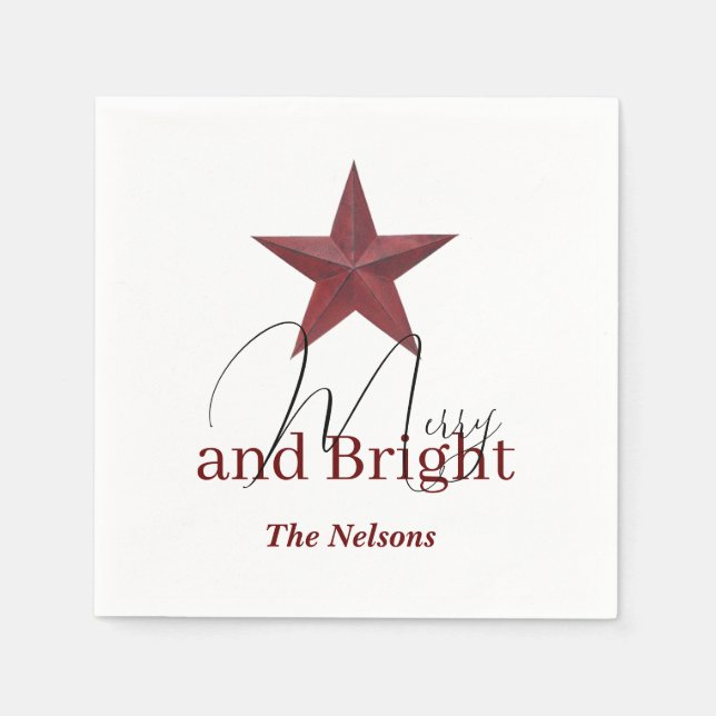 Rustic  star Merry & Bright personalized Napkin (Front)