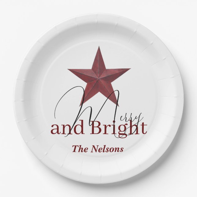 Rustic  star Merry & Bright personalized Paper Plate (Front)
