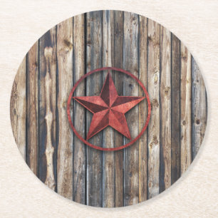 Rustic Star & Wooden Boards (Red) Round Paper Coaster