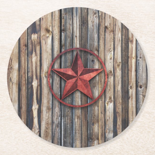 Rustic Star & Wooden Boards (Red) Round Paper Coaster (Front)