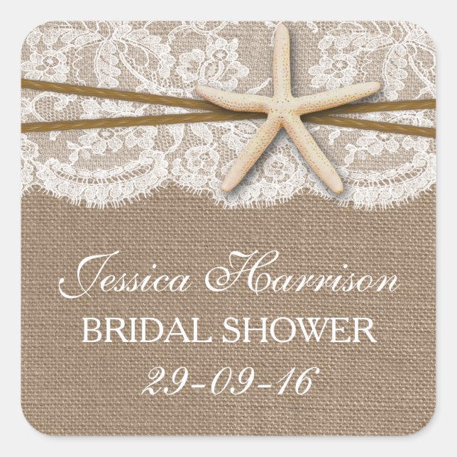 Rustic Starfish Beach Bridal Shower Square Sticker (Front)