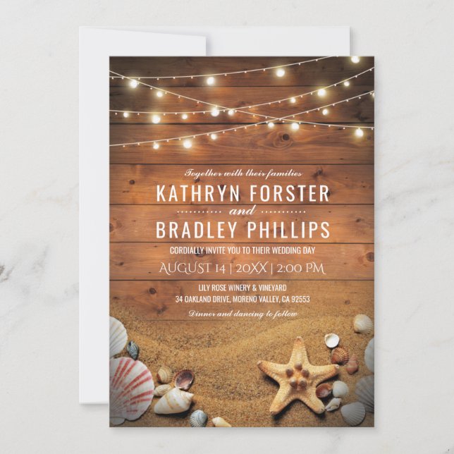Rustic Starfish Beach Lights Tropical Wedding Invitation (Front)
