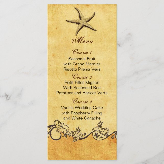 rustic starfish beach wedding menu cards (Front)