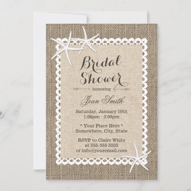 Rustic Starfish Burlap & Lace Bridal Shower Invitation (Front)