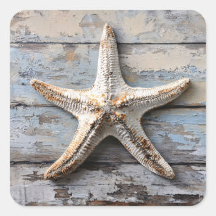 Rustic Starfish on Weathered Wood Square Sticker