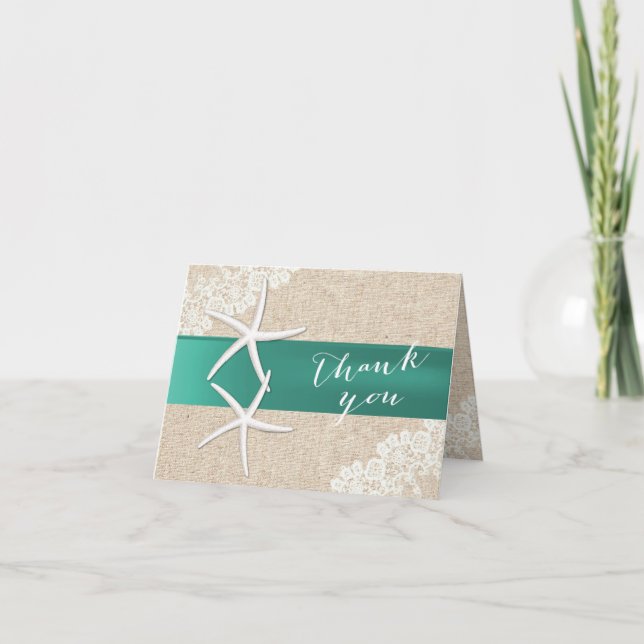 Rustic Starfish Teal Ribbon Vintage Thank You Card (Front)