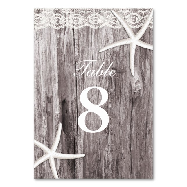 Rustic Starfish Wood Background Table Numbers (Front)