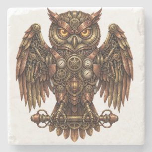 Rustic Steampunk Mechanical Owl Absorbent Stone Coaster