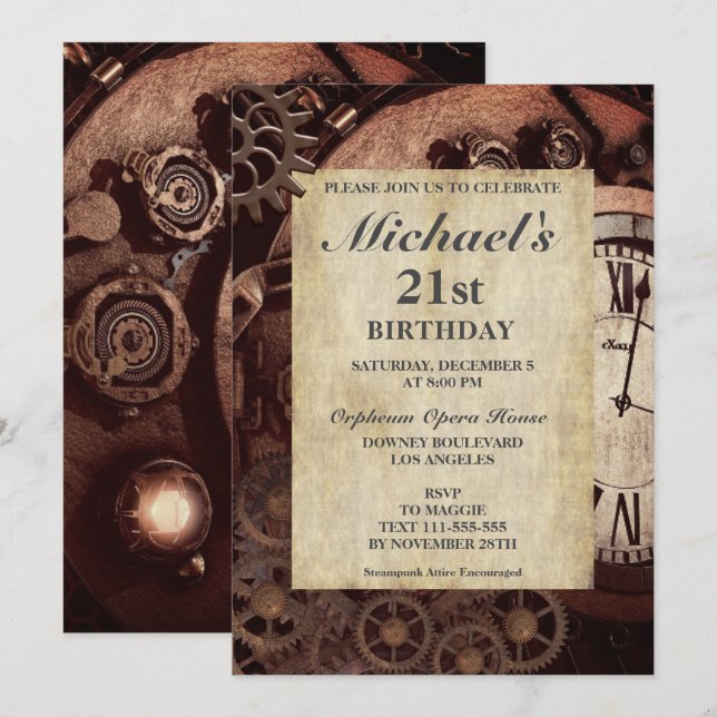 Rustic Steampunk Vintage Birthday Invitation (Front/Back)