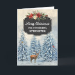 Rustic Stepsister Merry Christmas Card<br><div class="desc">Merry Christmas for stepsister card with rustic country chalkboard pattern and snowy watercolor forest scene with deer and birds.</div>