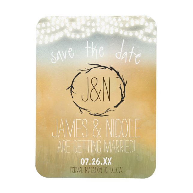 Rustic Sticks & String Lights Magnet Save the Date (Vertical)
