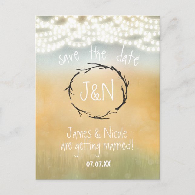 Rustic Sticks & String Lights Save Date Postcard (Front)