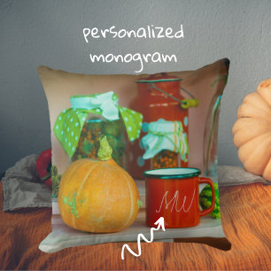 Rustic Still Life with a Pumpkin and a Red Mug Throw Pillow