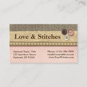 Rustic Stitched Ribbon & Buttons on Burlap Sewing Business Card