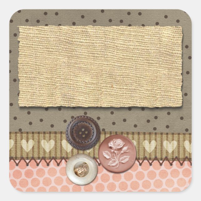 Rustic Stitched Ribbon & Buttons on Burlap Sewing Square Sticker (Front)