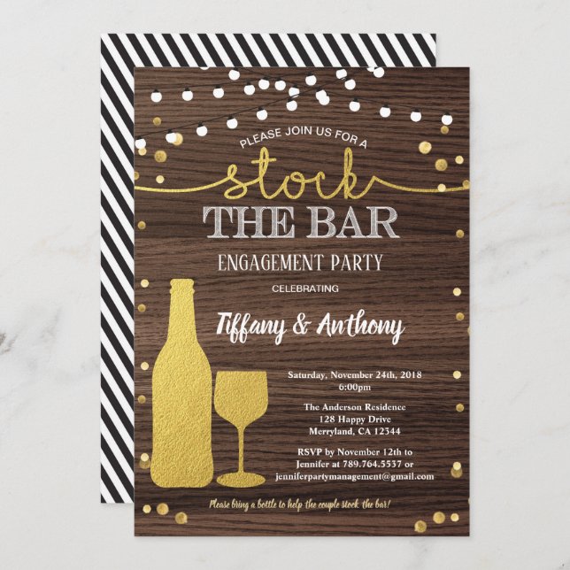 Rustic stock the bar engagement party gold invitation (Front/Back)