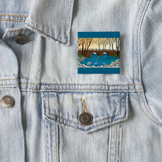 Rustic Stone Bridge Over River Nature Landscape  2 Inch Square Button (Creator Uploaded)