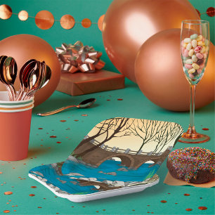 Rustic Stone Bridge Over River Nature Landscape  Paper Plate