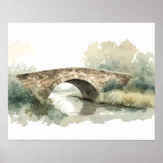 Rustic Stone Bridge Watercolor Countryside Art Poster