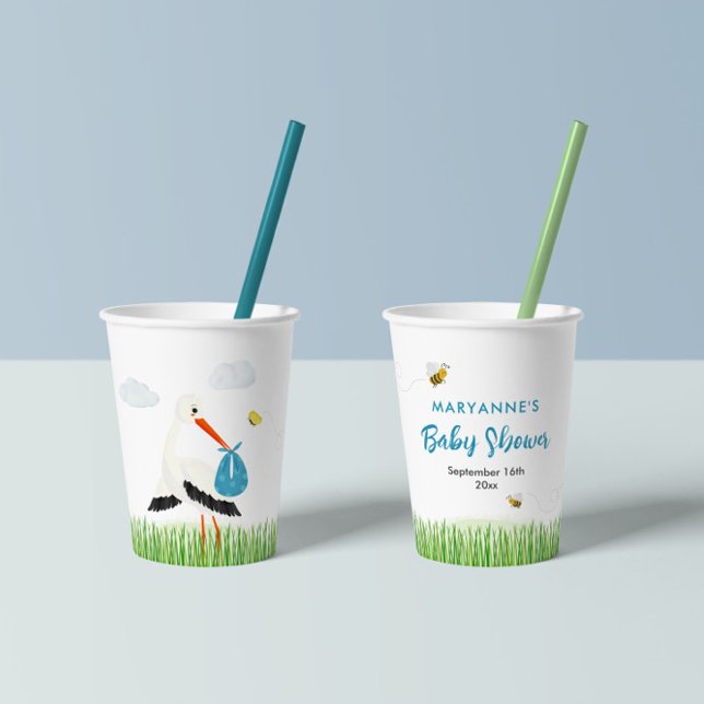 Rustic Stork with Bee & Butterfly Boy Baby Shower Paper Cups (Cute stork baby shower for boy paper cups with lovely bees and butterflies.)