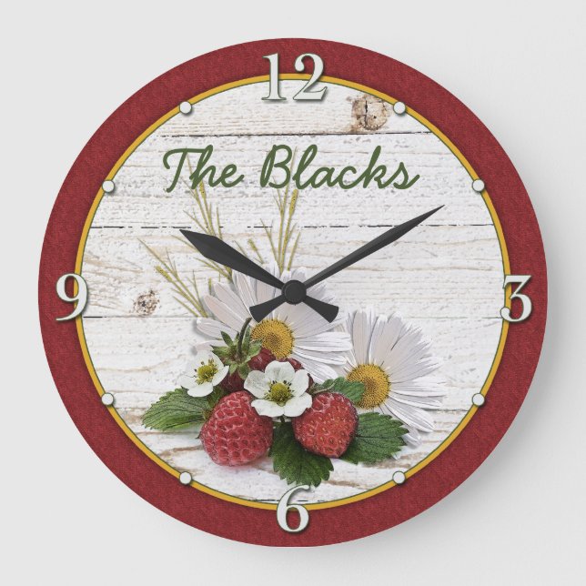 Rustic Strawberry Daisy Floral Personalized Large Clock (Front)