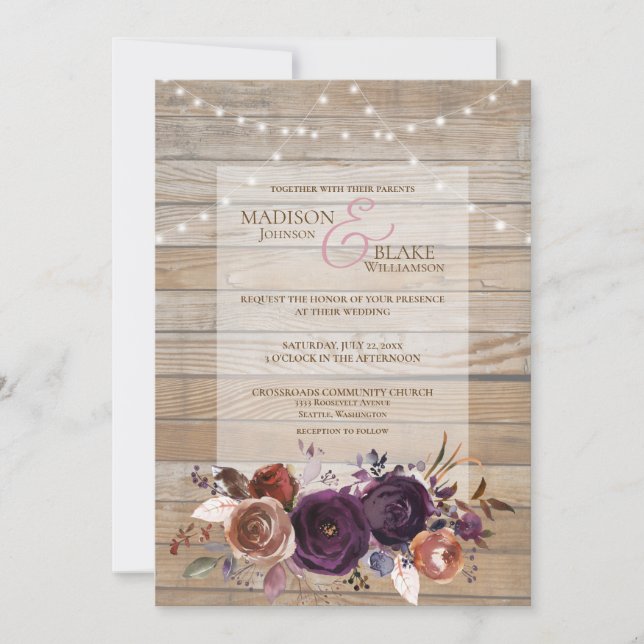 Rustic String Light Purple Floral Wedding Wood Invitation (Front)