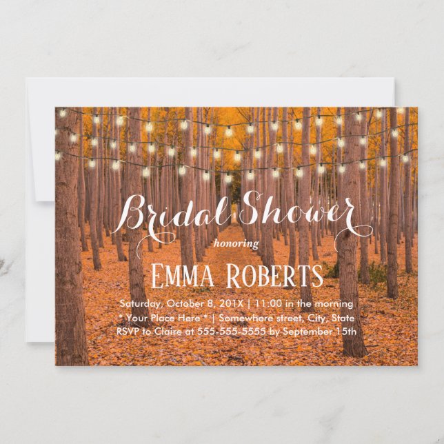 Rustic String Lights Autumn Woods Bridal Shower Invitation (Front)