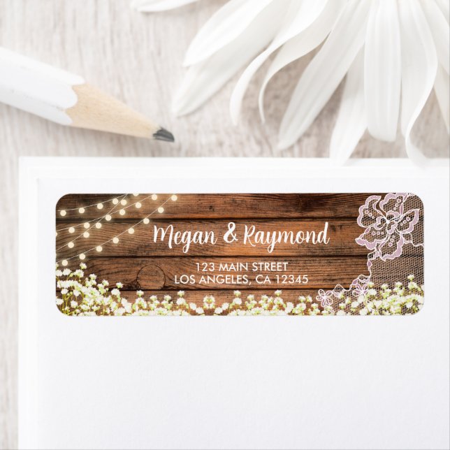 Rustic String Lights Baby's Breath & Lace Label (Insitu)