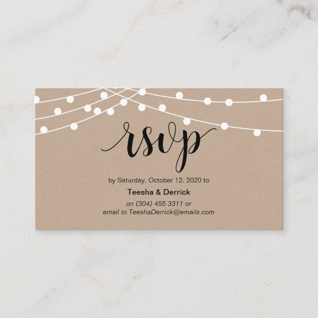 Rustic String Lights, Black Script, Wedding RSVP Enclosure Card (Front)
