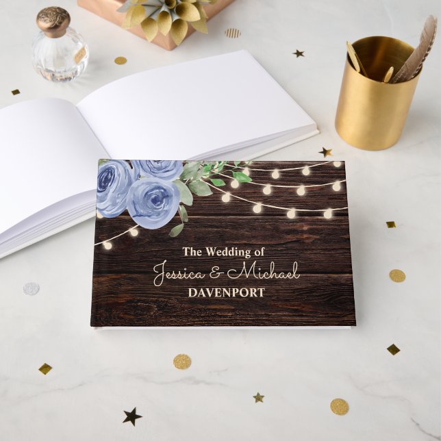 Rustic String Lights Blue Floral Wedding Guest Book (Front Open)
