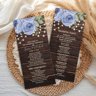 Rustic String Lights Blue Floral Wedding Program