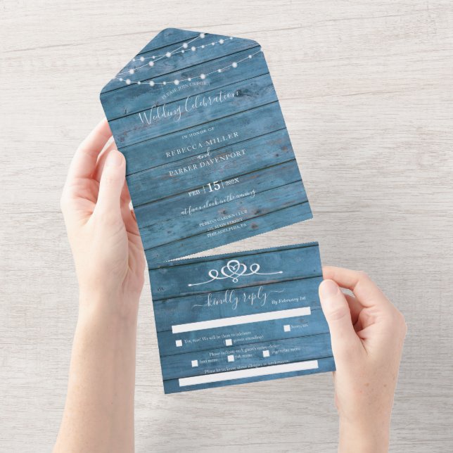 Rustic String lights blue wood Wedding all in one All In One Invitation (Tearaway)