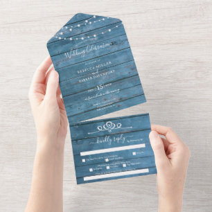 Rustic String lights blue wood Wedding all in one All In One Invitation